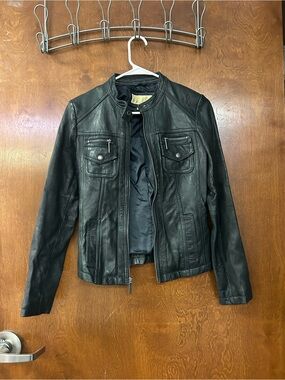 Michael Kors Black Leather Moto Jacket with Zip Pockets